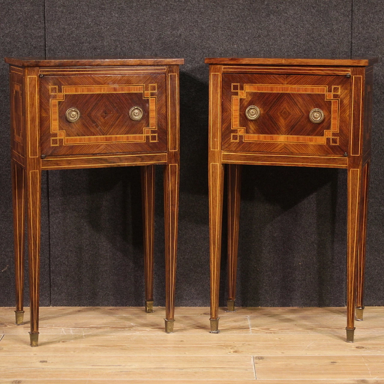 Pair of walnut and maple bedside tables with a door and high legs 3