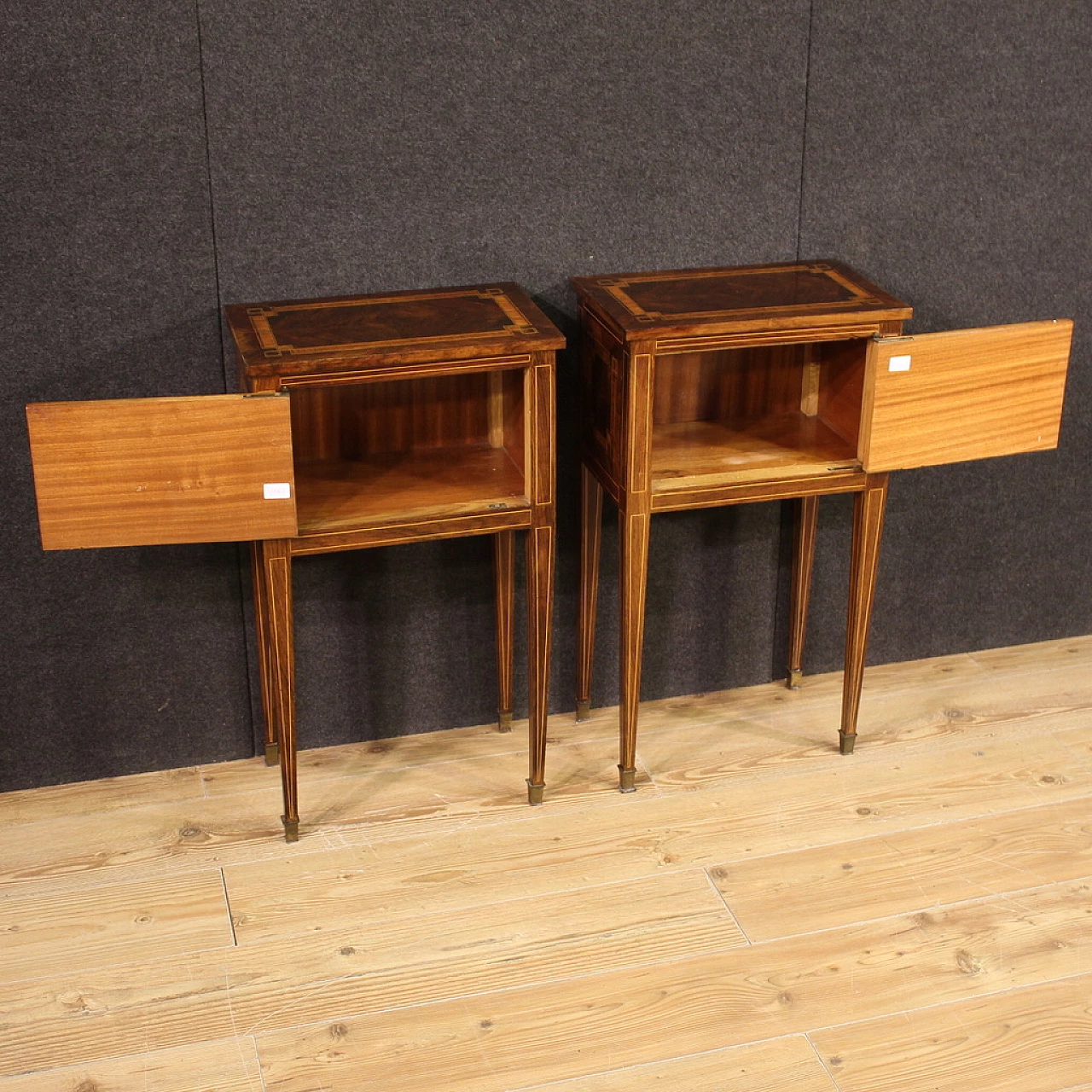 Pair of walnut and maple bedside tables with a door and high legs 4