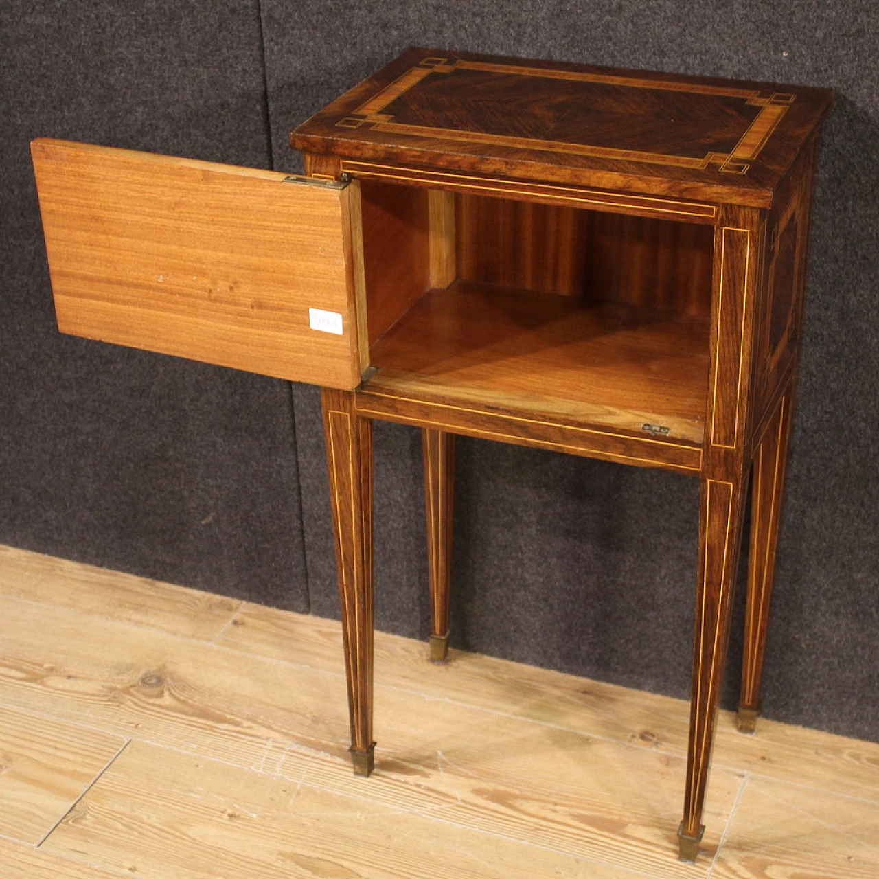 Pair of walnut and maple bedside tables with a door and high legs 5