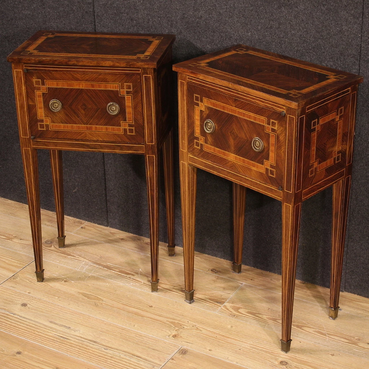 Pair of walnut and maple bedside tables with a door and high legs 6