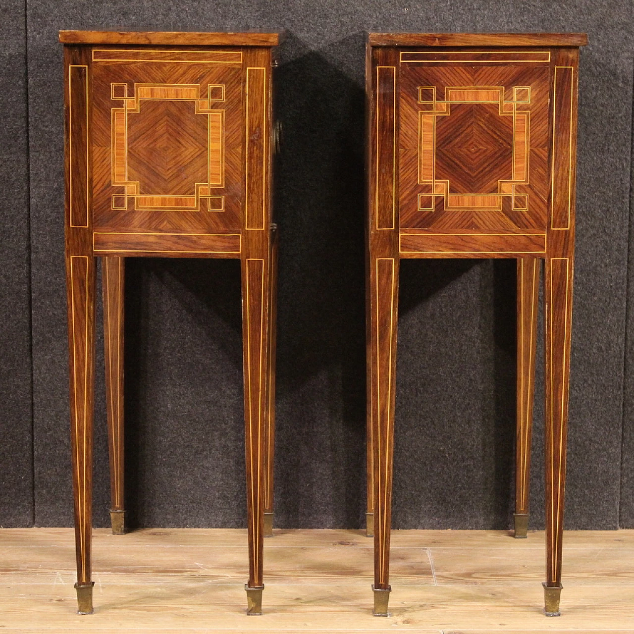 Pair of walnut and maple bedside tables with a door and high legs 7