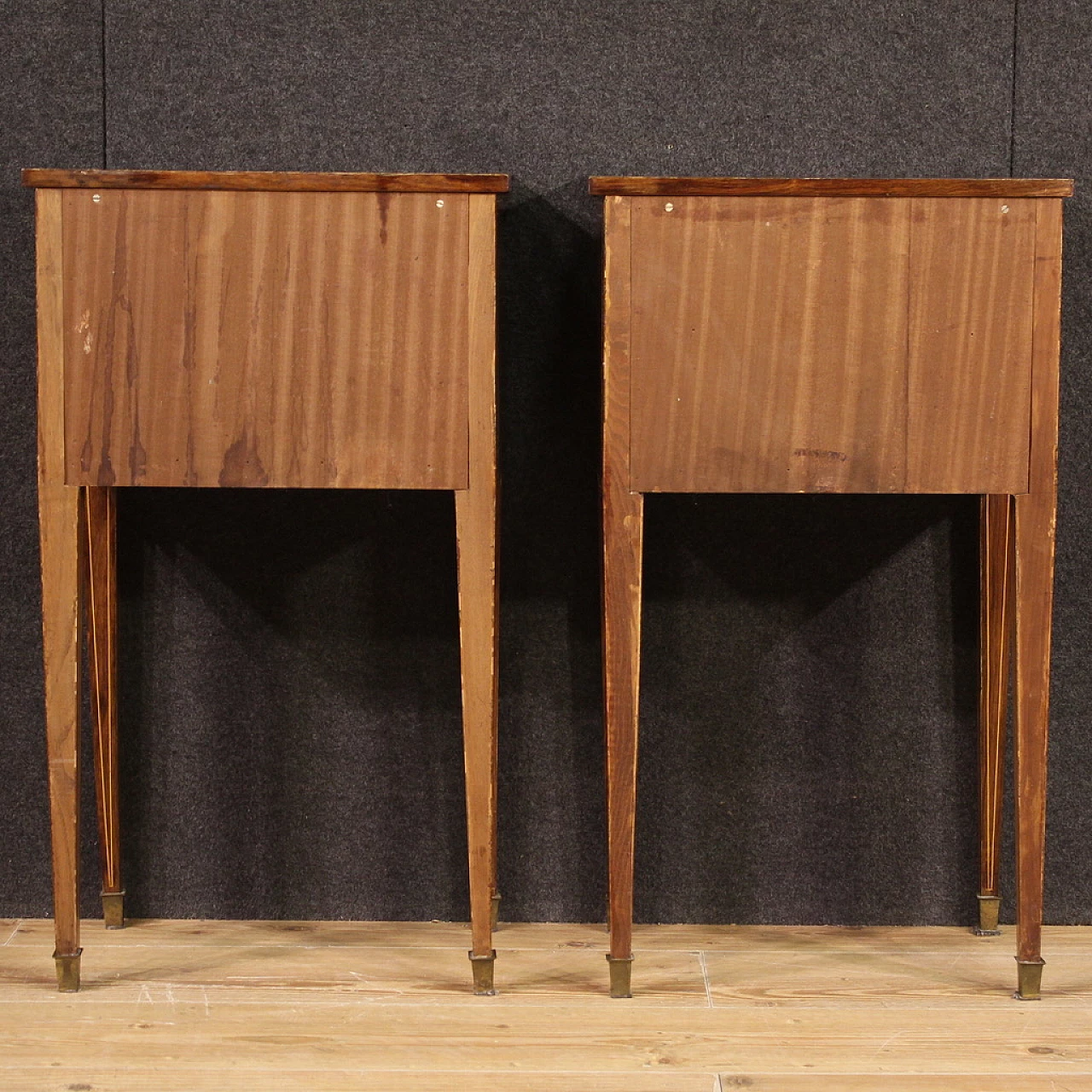 Pair of walnut and maple bedside tables with a door and high legs 8