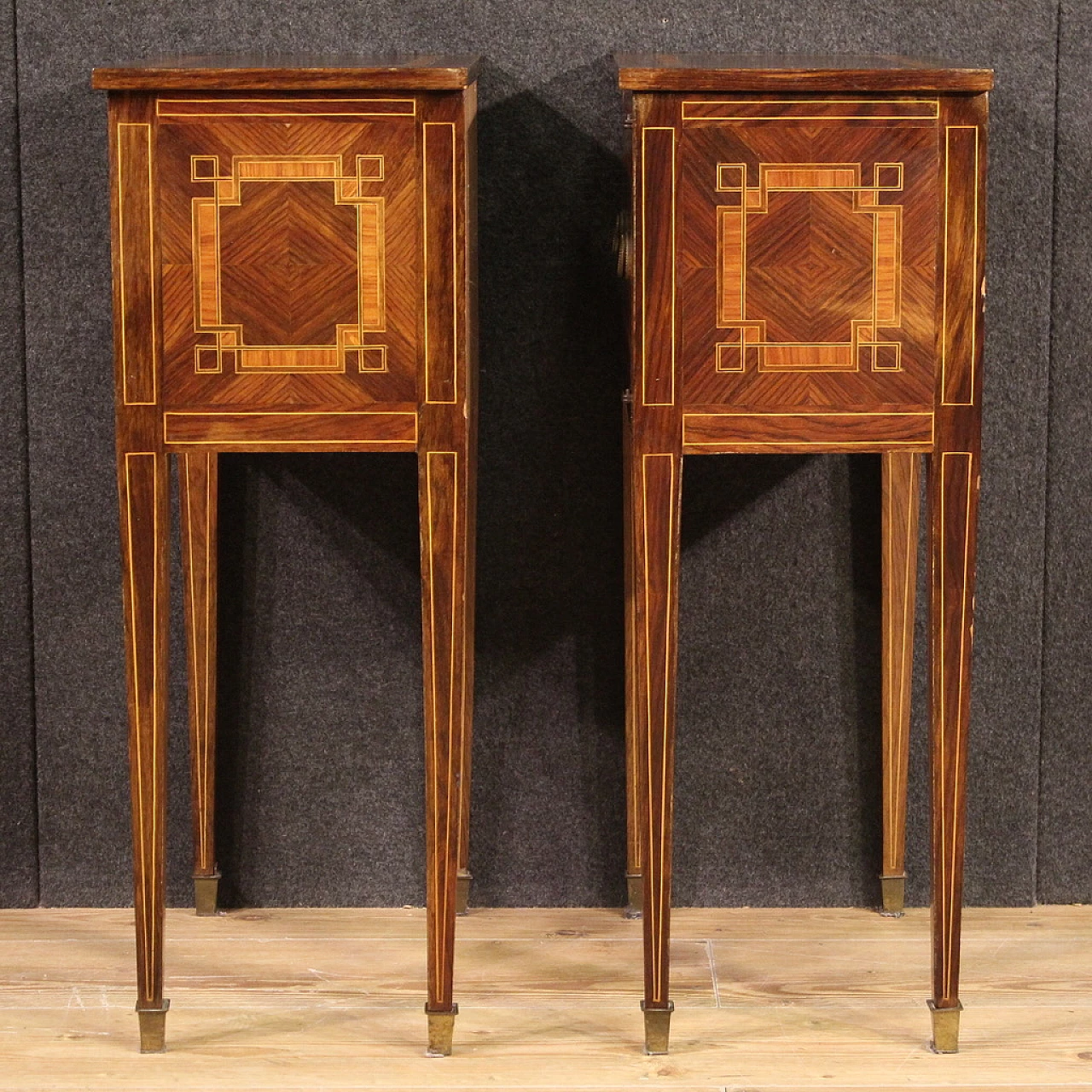 Pair of walnut and maple bedside tables with a door and high legs 9