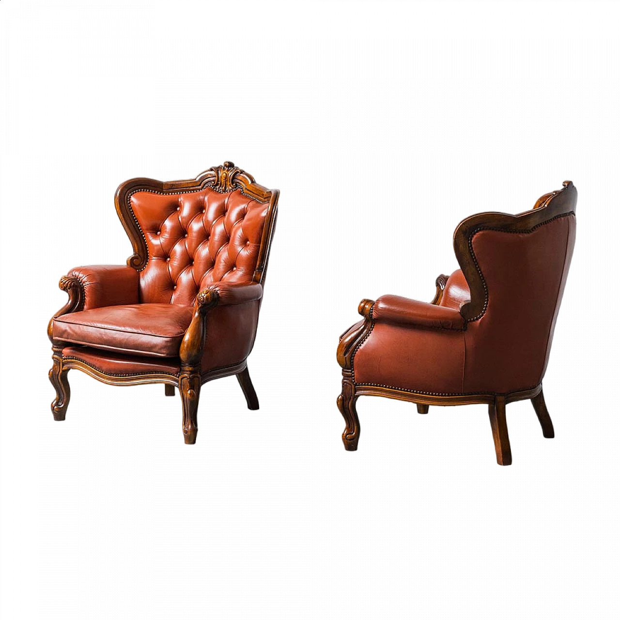 Pair of armchairs in wood and brown leather, 1950s 11