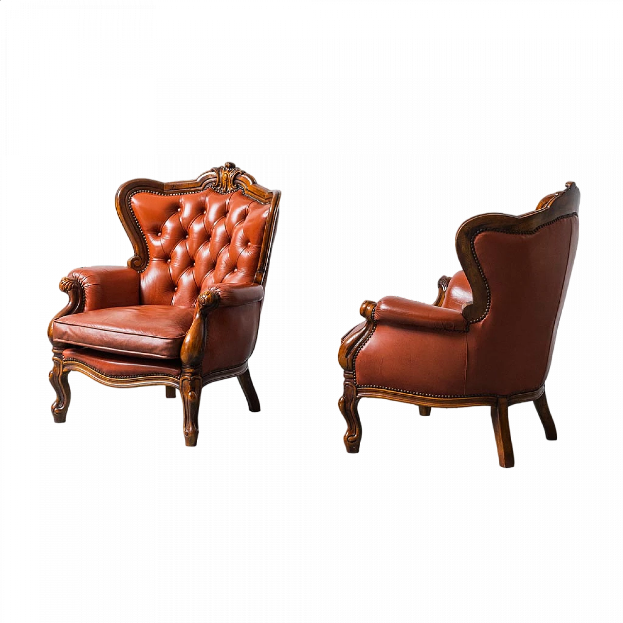 Coppia di Poltrone in legno e in pelle marrone, anni '50 11