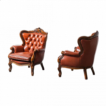 Pair of armchairs in wood and brown leather, 1950s