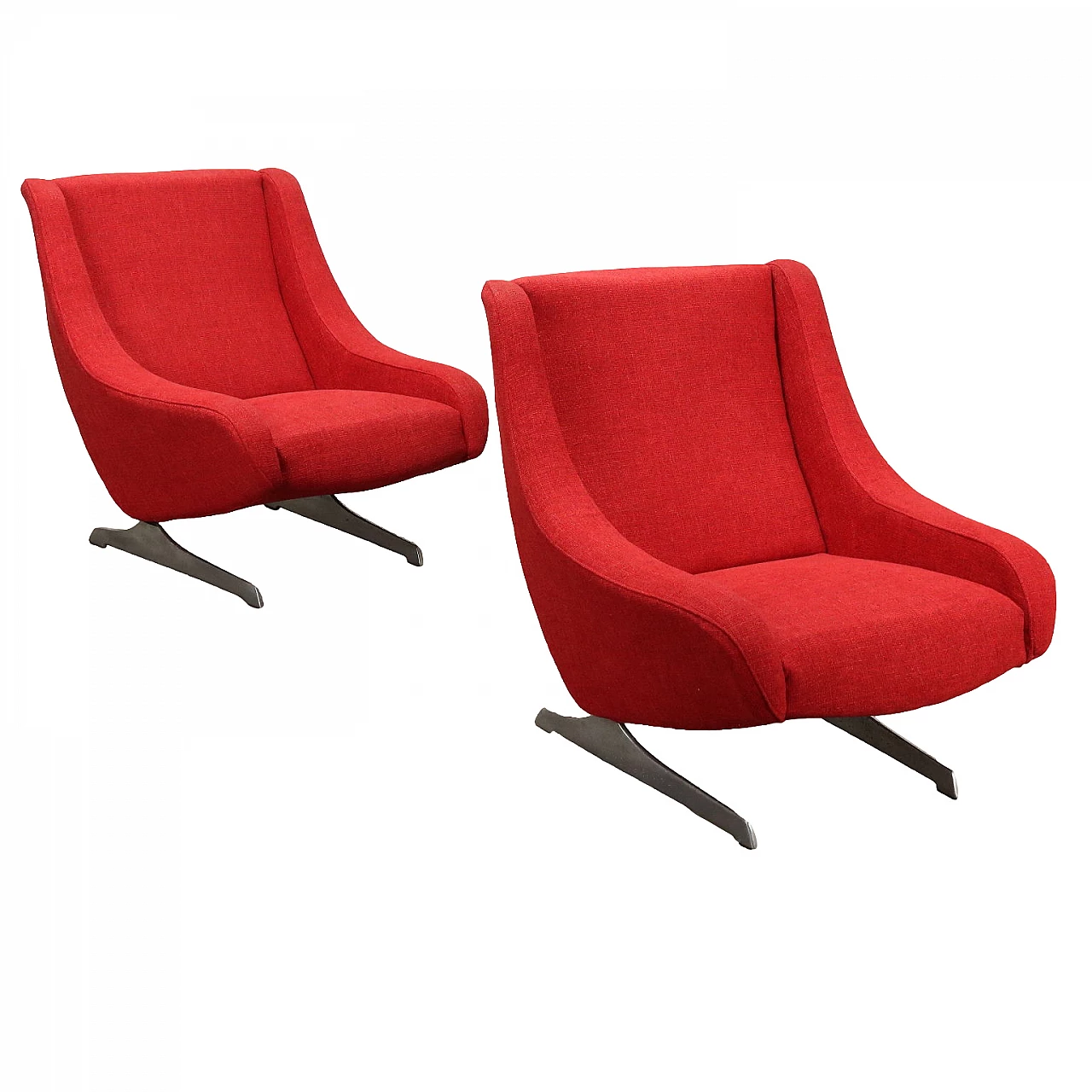 Pair of armchairs in red fabric and aluminum, 1960s 1