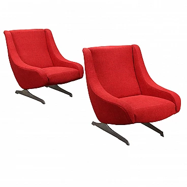 Pair of armchairs in red fabric and aluminum, 1960s