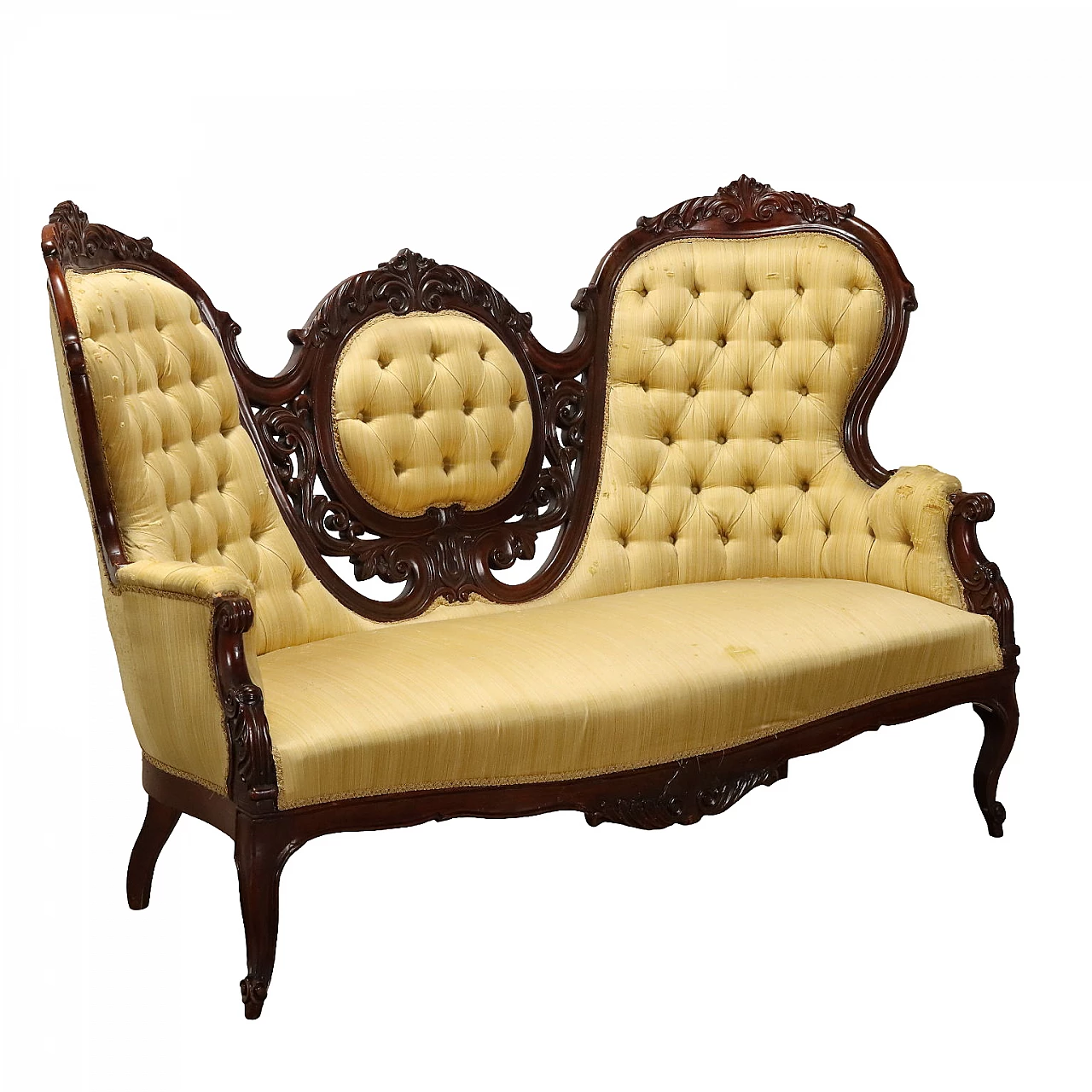 Sofa in mahogany and capitonné with wavy legs, 19th century 1