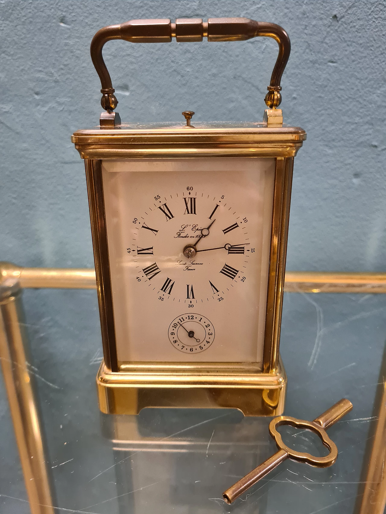 Brass and glass travel clock by L'Epée 2