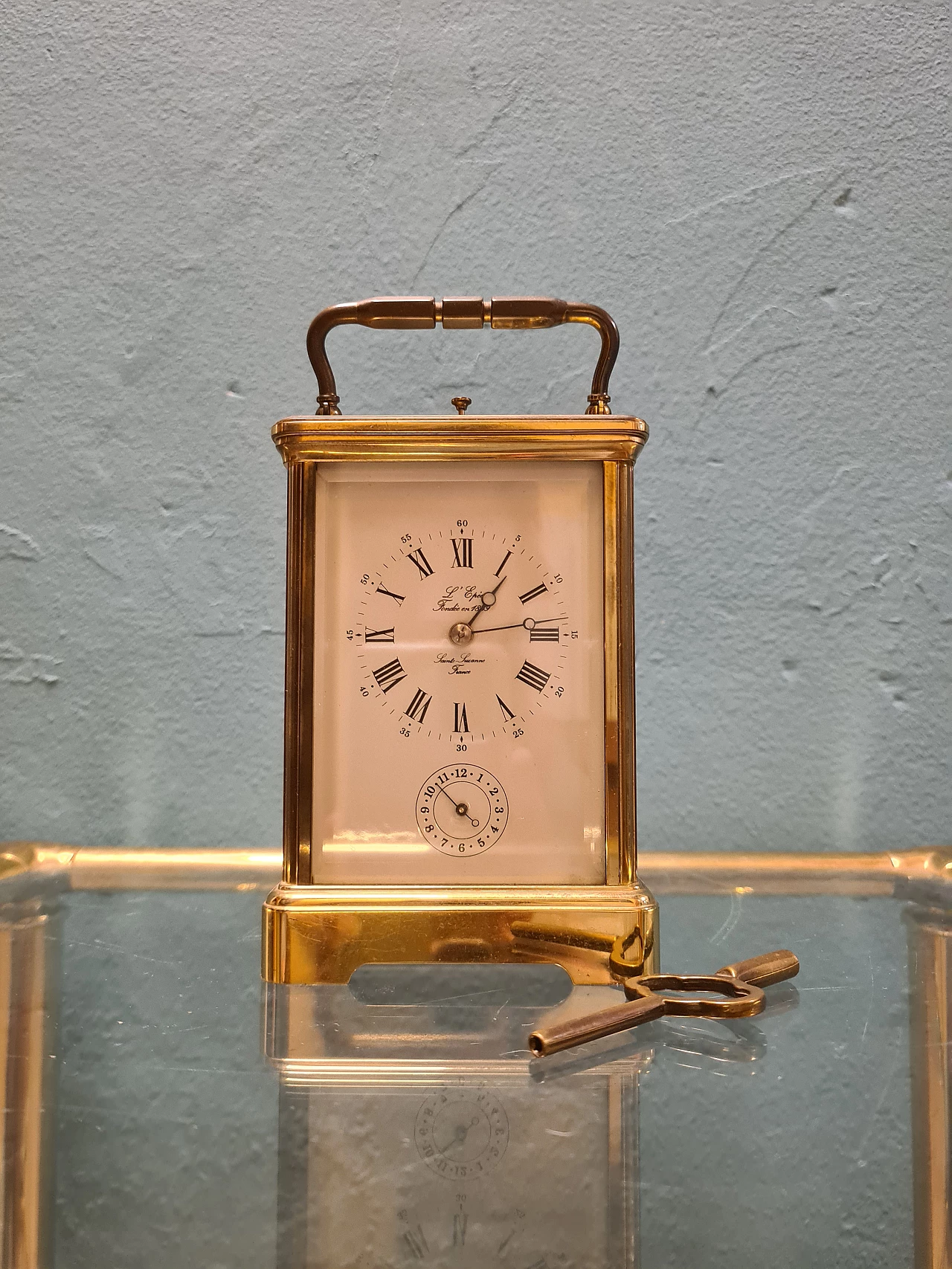Brass and glass travel clock by L'Epée 3