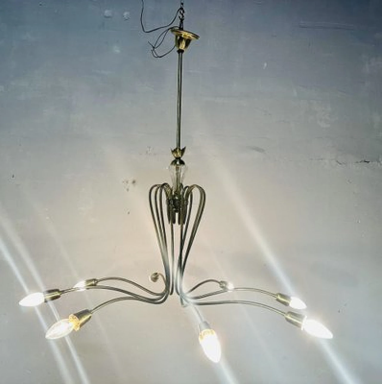 Lampadario in ottone e vetro, anni '50 5