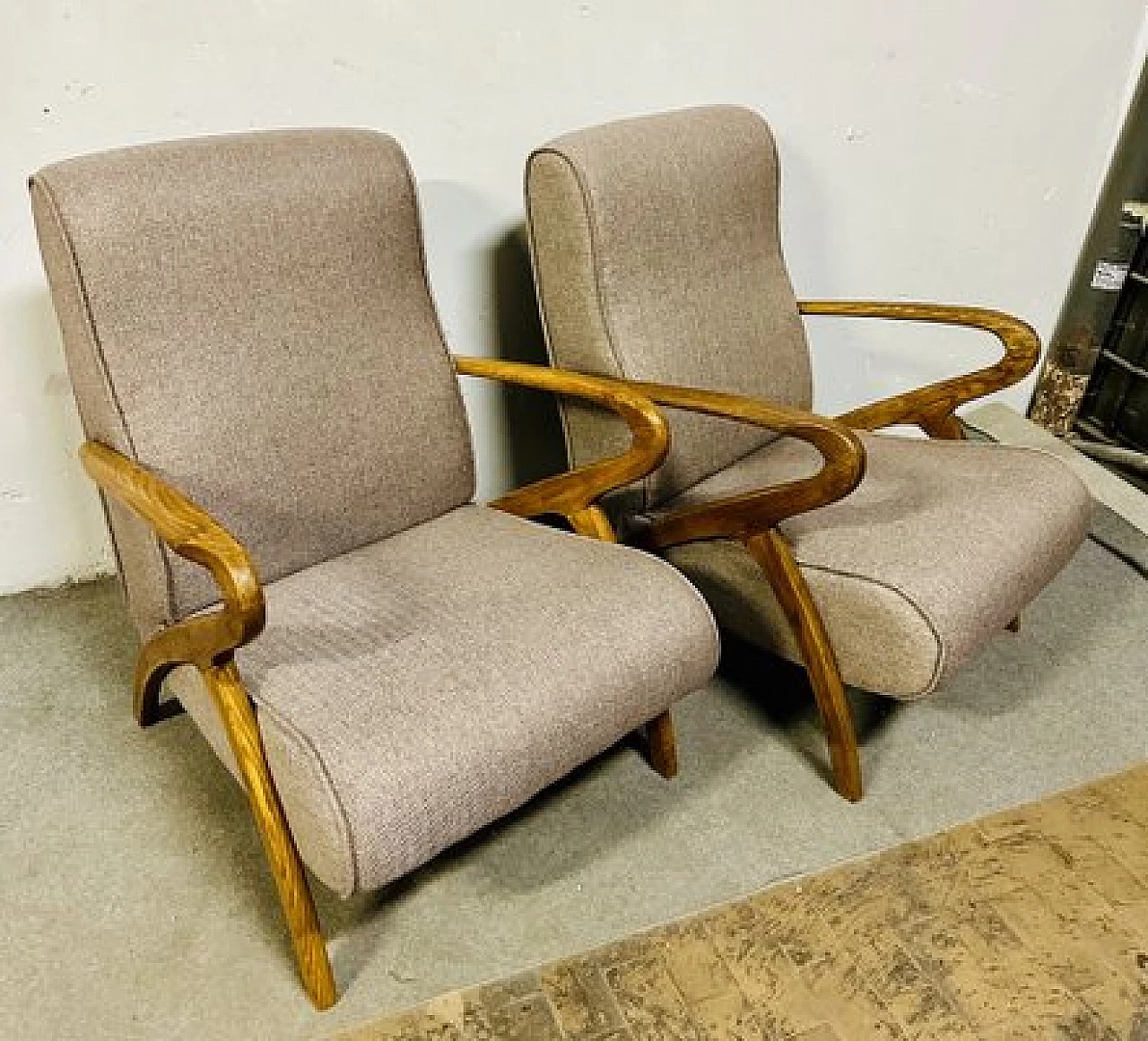 Pair of solid chestnut and fabric armchairs, 1960s 1