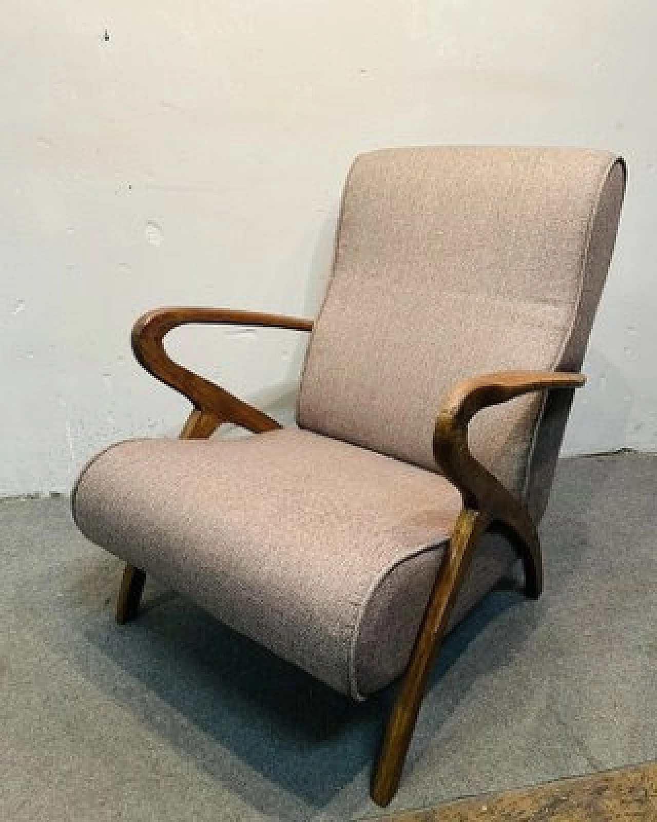 Pair of solid chestnut and fabric armchairs, 1960s 4