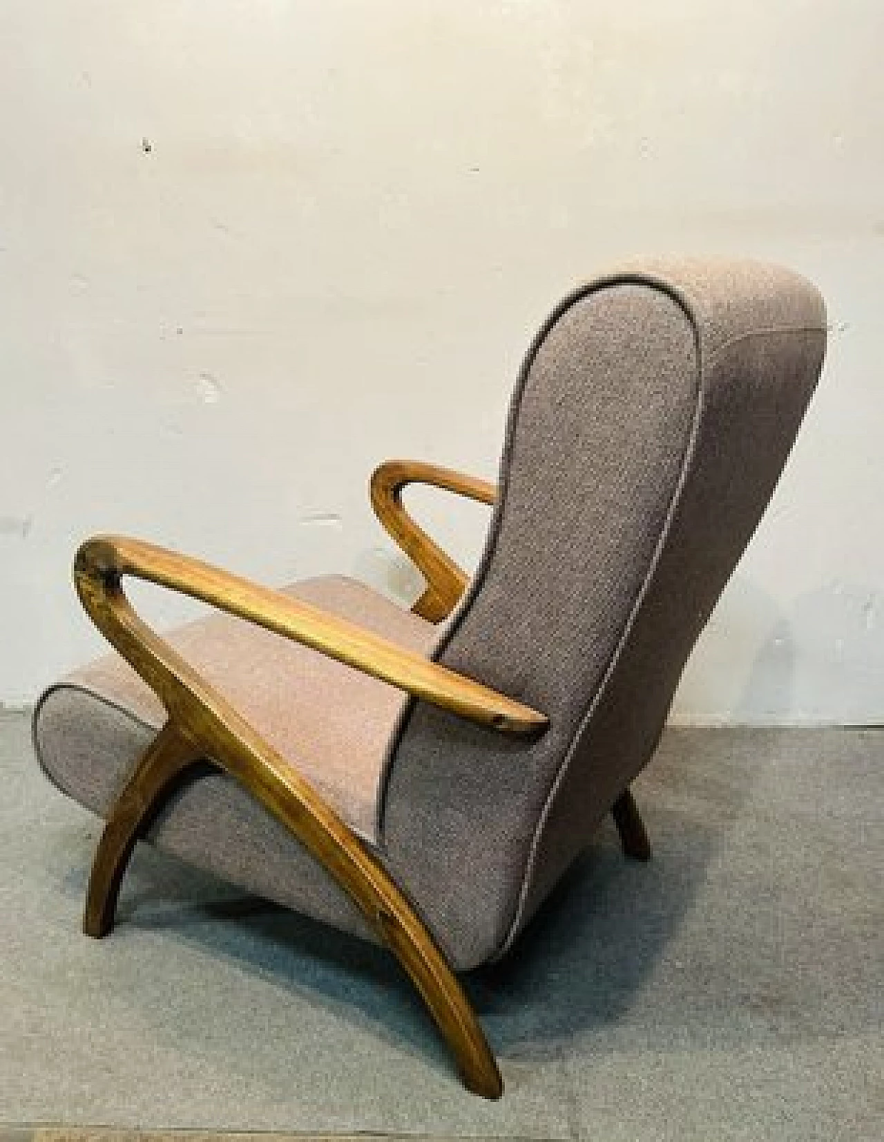 Pair of solid chestnut and fabric armchairs, 1960s 5