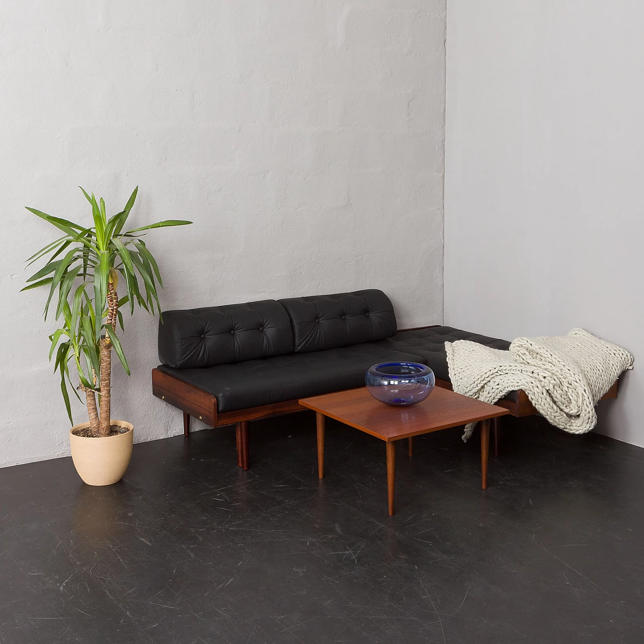 Danish rosewood and black leather corner sofa bed, 1960s 1