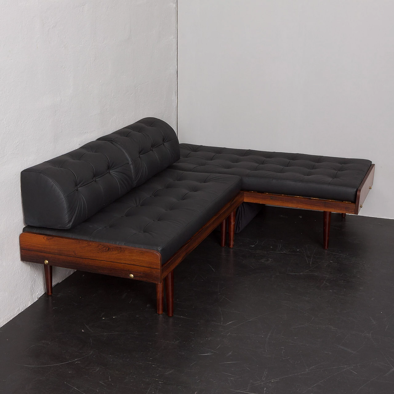 Danish rosewood and black leather corner sofa bed, 1960s 2