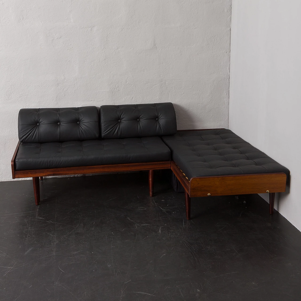 Danish rosewood and black leather corner sofa bed, 1960s 3