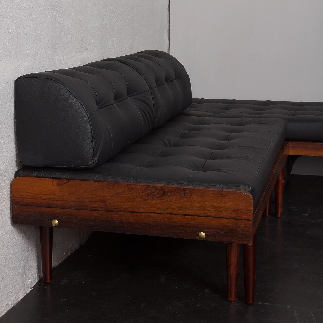 Danish rosewood and black leather corner sofa bed, 1960s 4