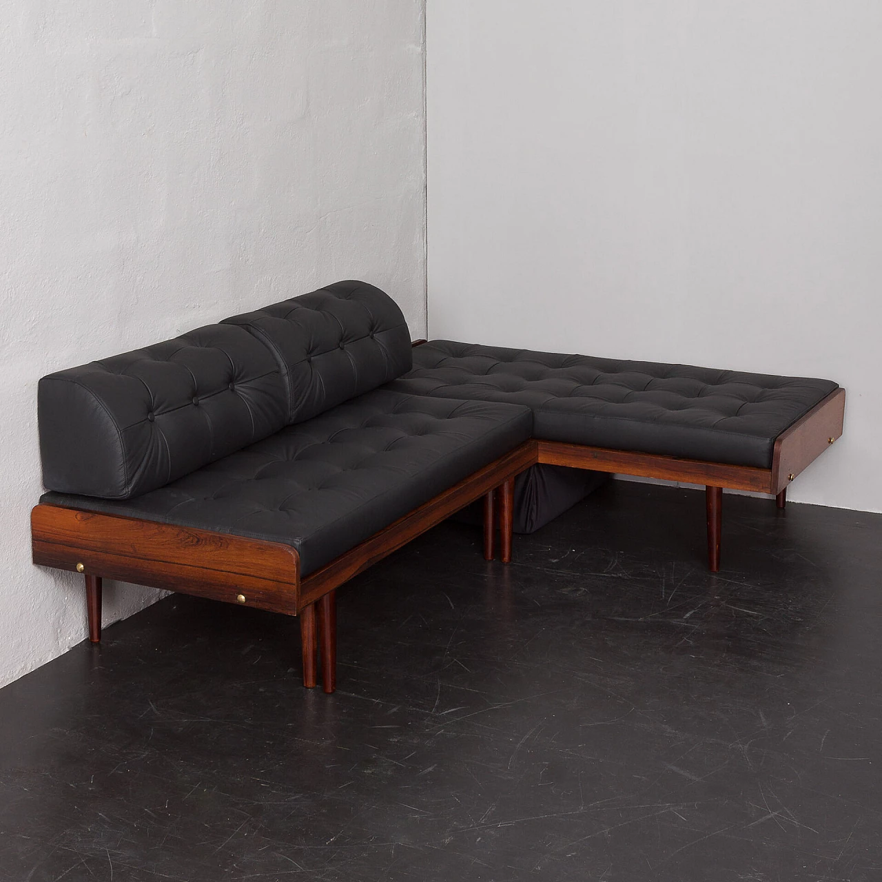 Danish rosewood and black leather corner sofa bed, 1960s 7