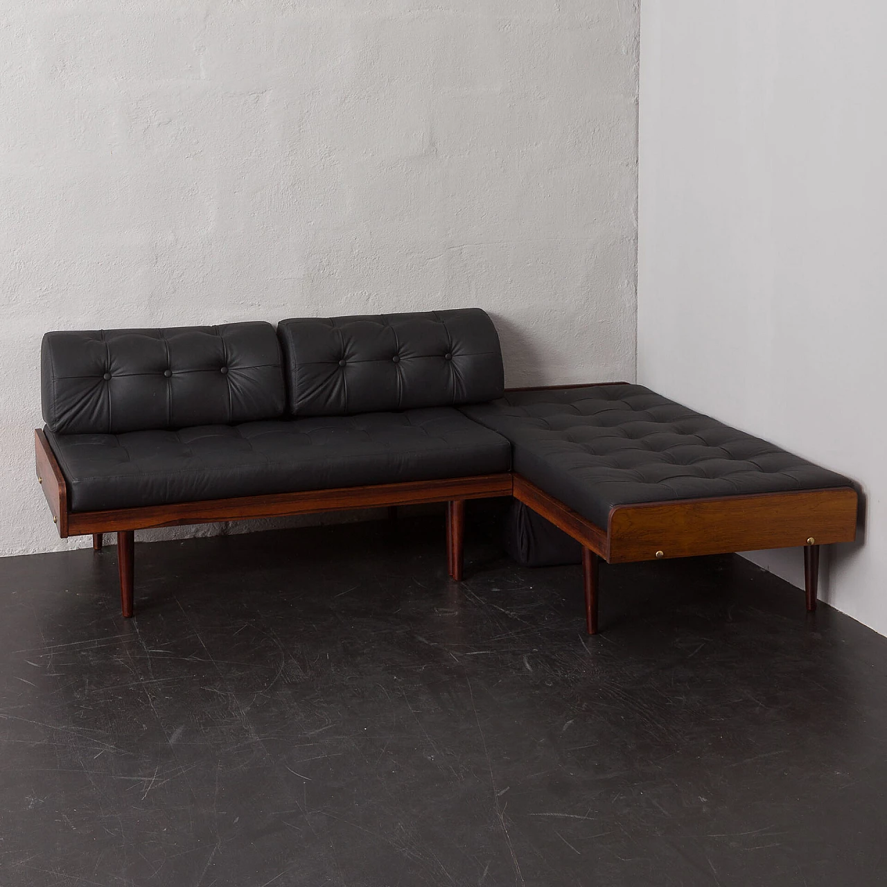 Danish rosewood and black leather corner sofa bed, 1960s 8
