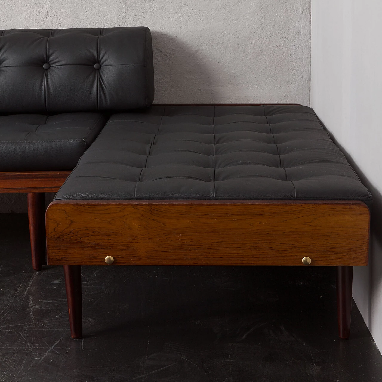 Danish rosewood and black leather corner sofa bed, 1960s 9