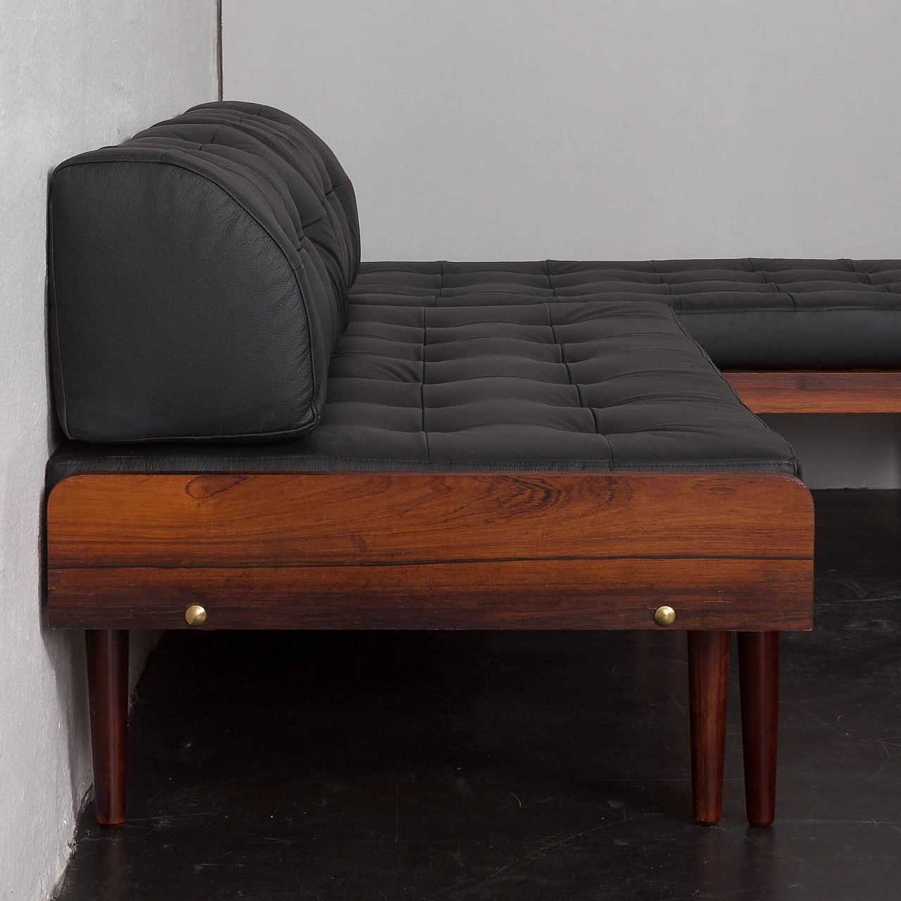 Danish rosewood and black leather corner sofa bed, 1960s 10