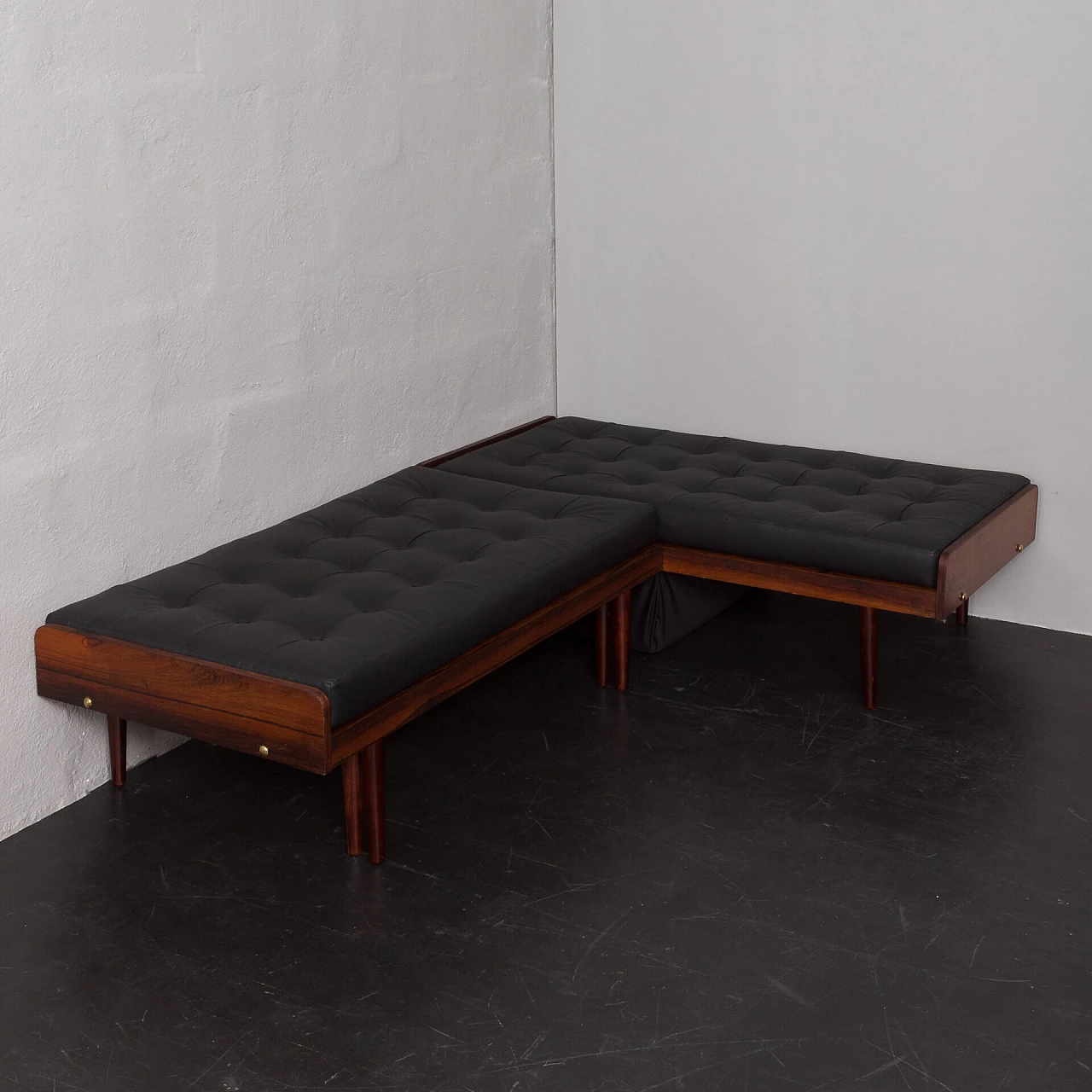 Danish rosewood and black leather corner sofa bed, 1960s 15
