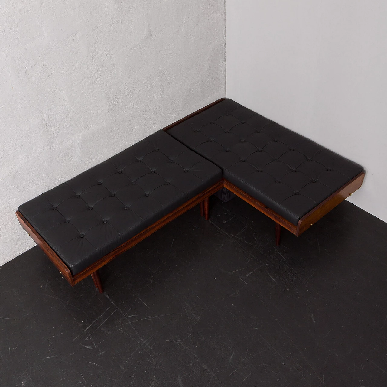Danish rosewood and black leather corner sofa bed, 1960s 16