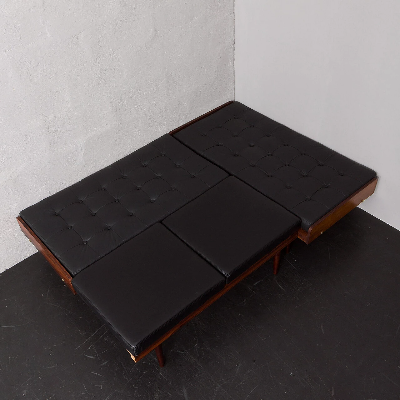 Danish rosewood and black leather corner sofa bed, 1960s 18