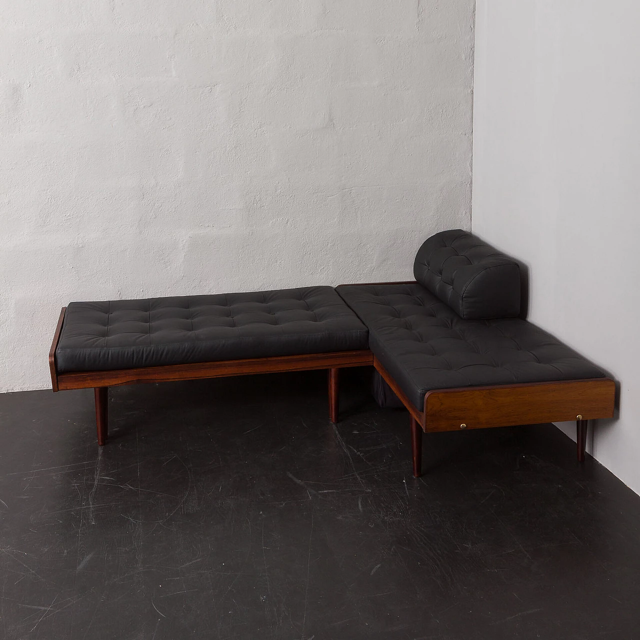 Danish rosewood and black leather corner sofa bed, 1960s 20