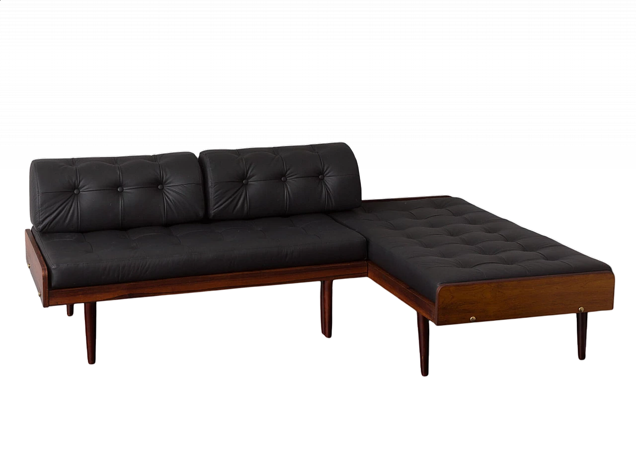 Danish rosewood and black leather corner sofa bed, 1960s 22