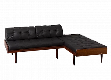 Danish rosewood and black leather corner sofa bed, 1960s