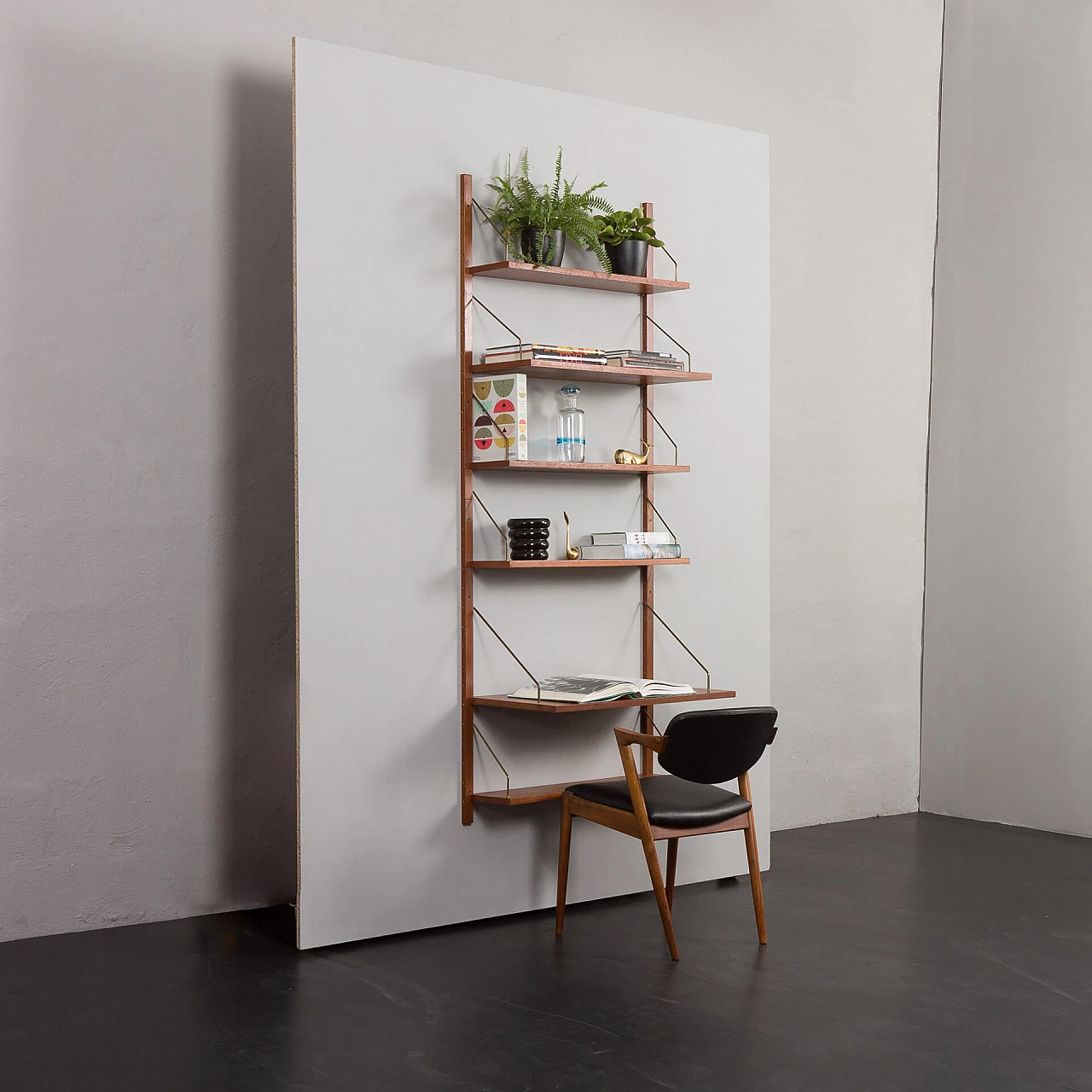 Hanging teak and brass bookcase in the style of P. Cadovius, 1960s 2