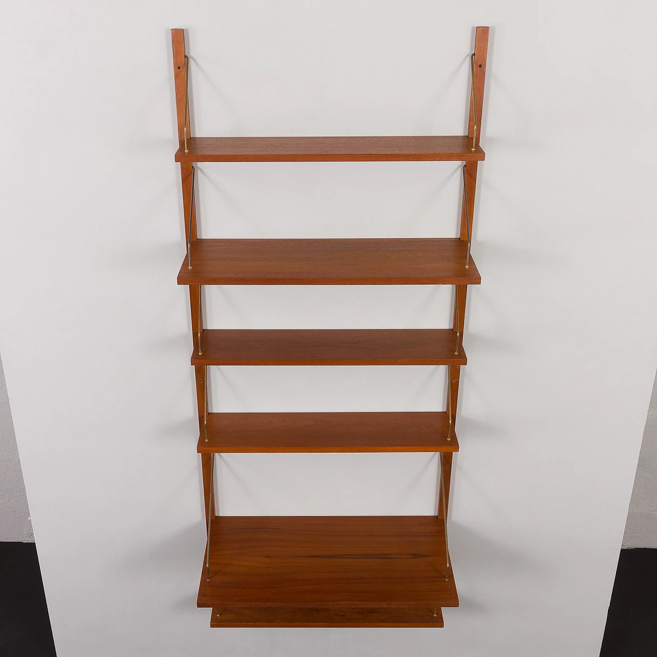 Hanging teak and brass bookcase in the style of P. Cadovius, 1960s 5