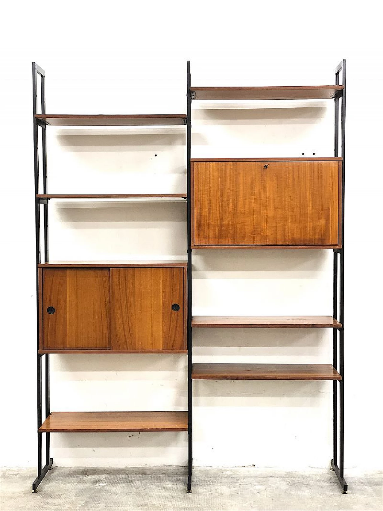 Teak veneered wood and metal modular bookcase, 1960s 7