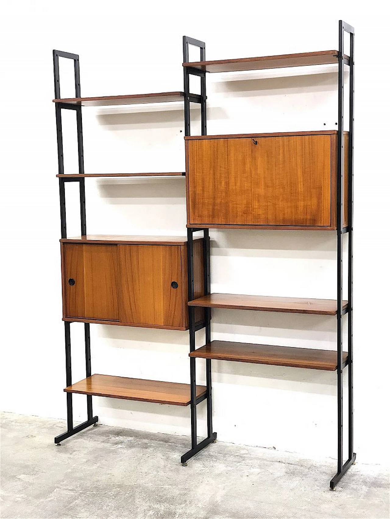 Teak veneered wood and metal modular bookcase, 1960s 10