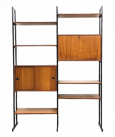 Teak veneered wood and metal modular bookcase, 1960s