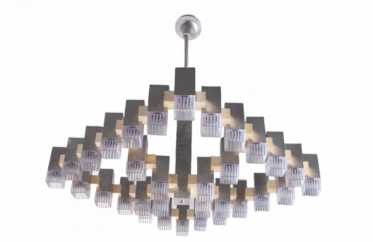 Lampadario in metallo cromato e lucite di Gaetano Sciolari, anni '60 7