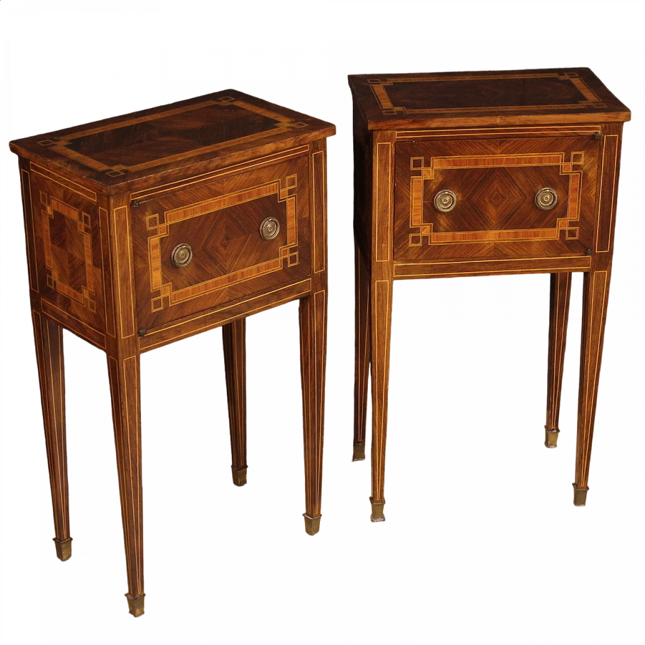 Pair of walnut and maple bedside tables with a door and high legs 13