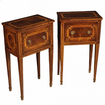 Pair of walnut and maple bedside tables with a door and high legs