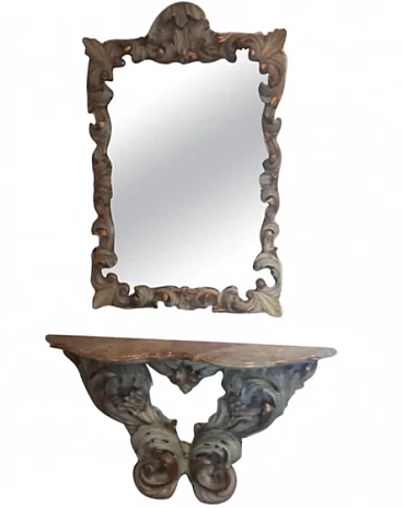 Baroque style wood and marble console and mirror