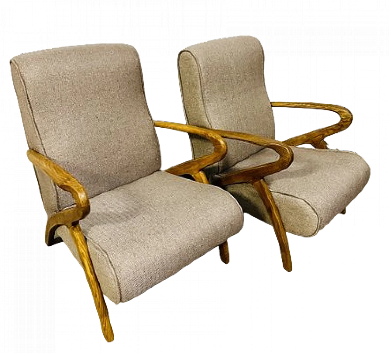 Pair of solid chestnut and fabric armchairs, 1960s 6