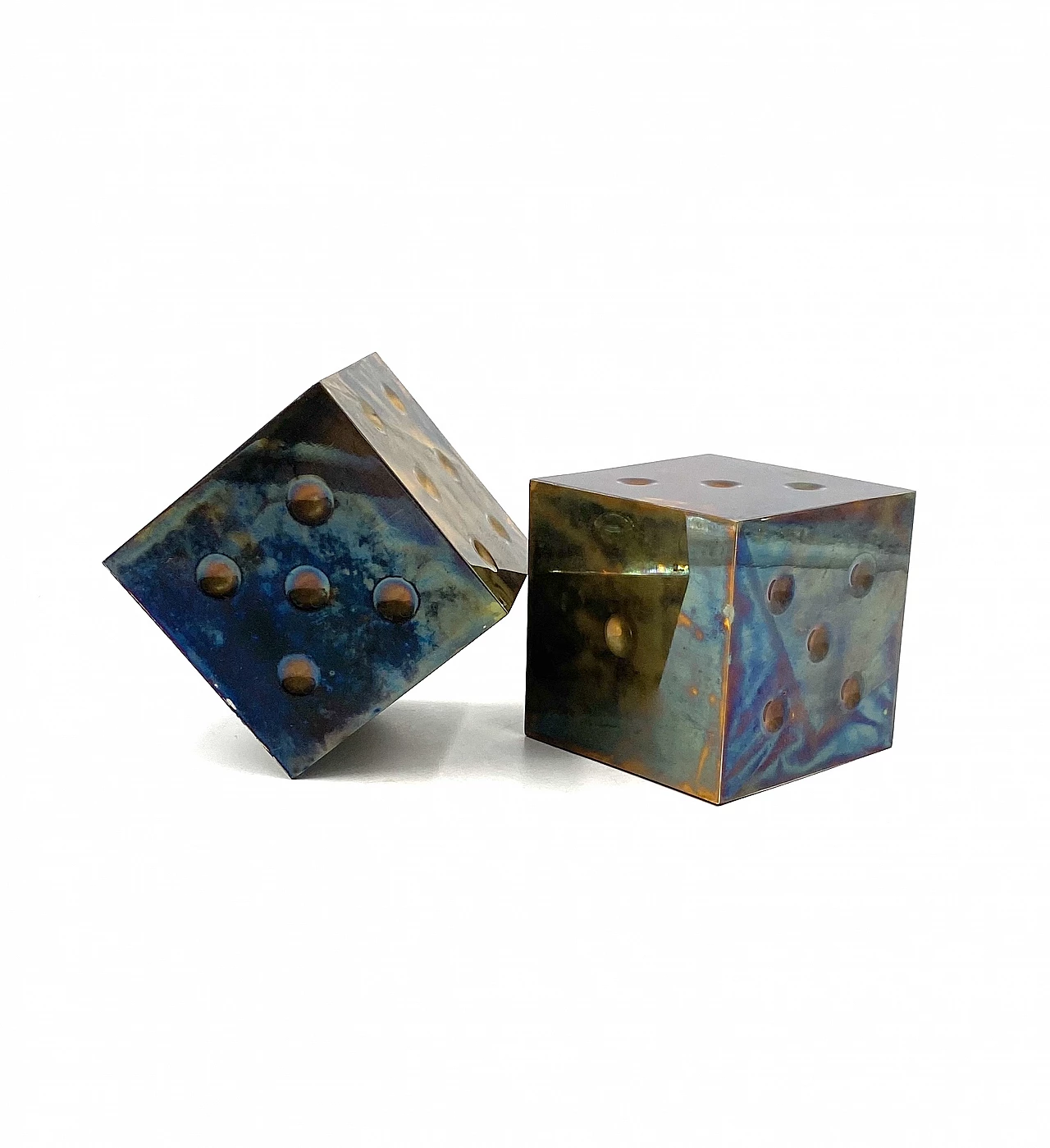 Pair of brass dice-shaped paperweights, 1970s 1
