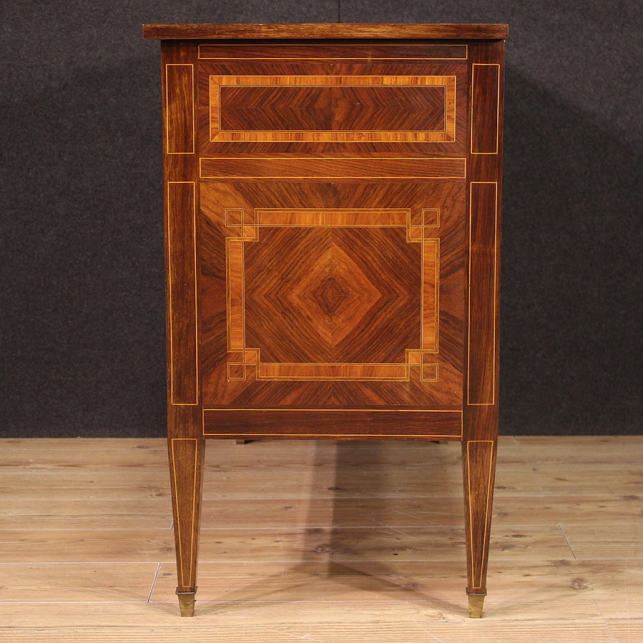 Walnut and maple chest of drawers with bronze feet 3