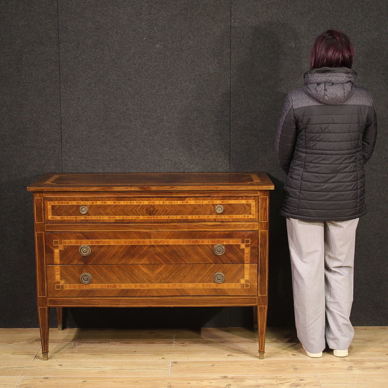 Walnut and maple chest of drawers with bronze feet 5