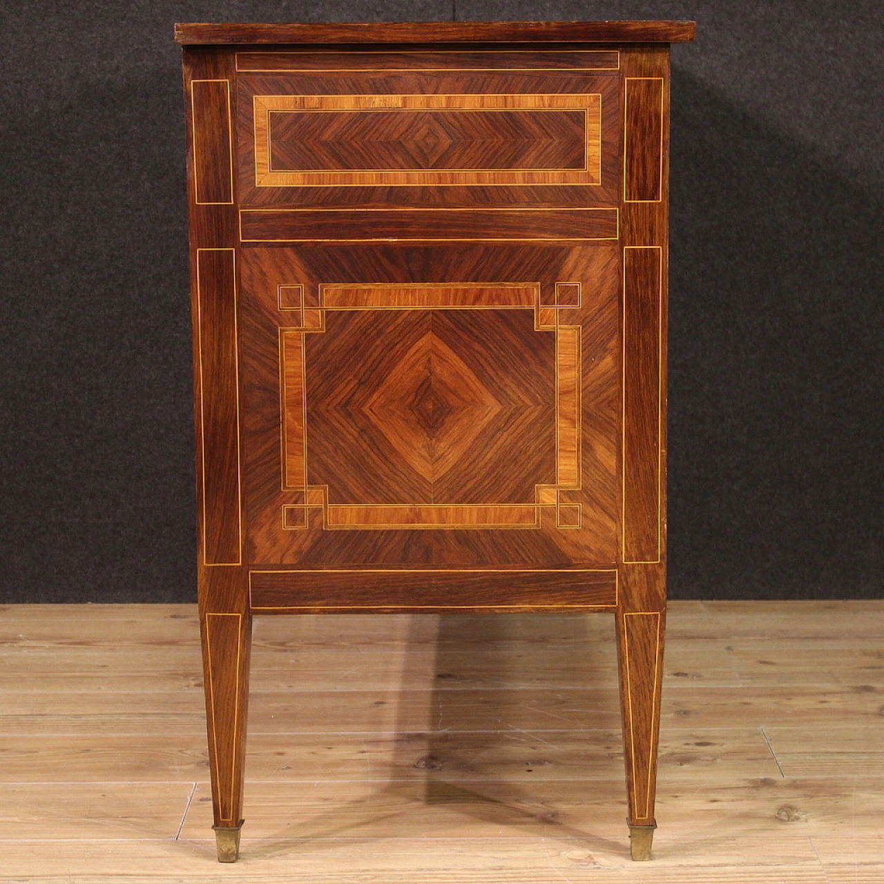 Walnut and maple chest of drawers with bronze feet 7