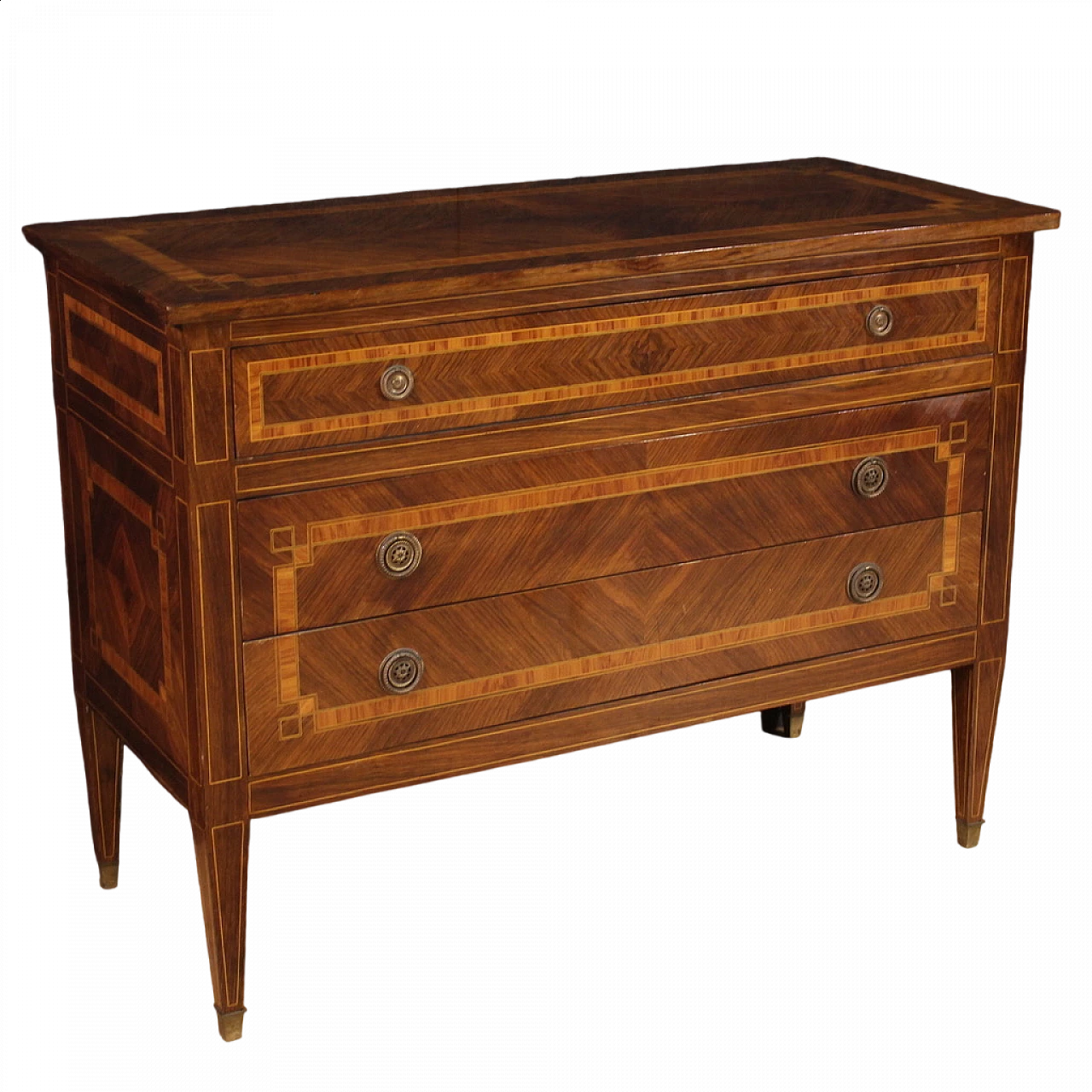 Walnut and maple chest of drawers with bronze feet 13