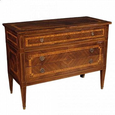 Walnut and maple chest of drawers with bronze feet