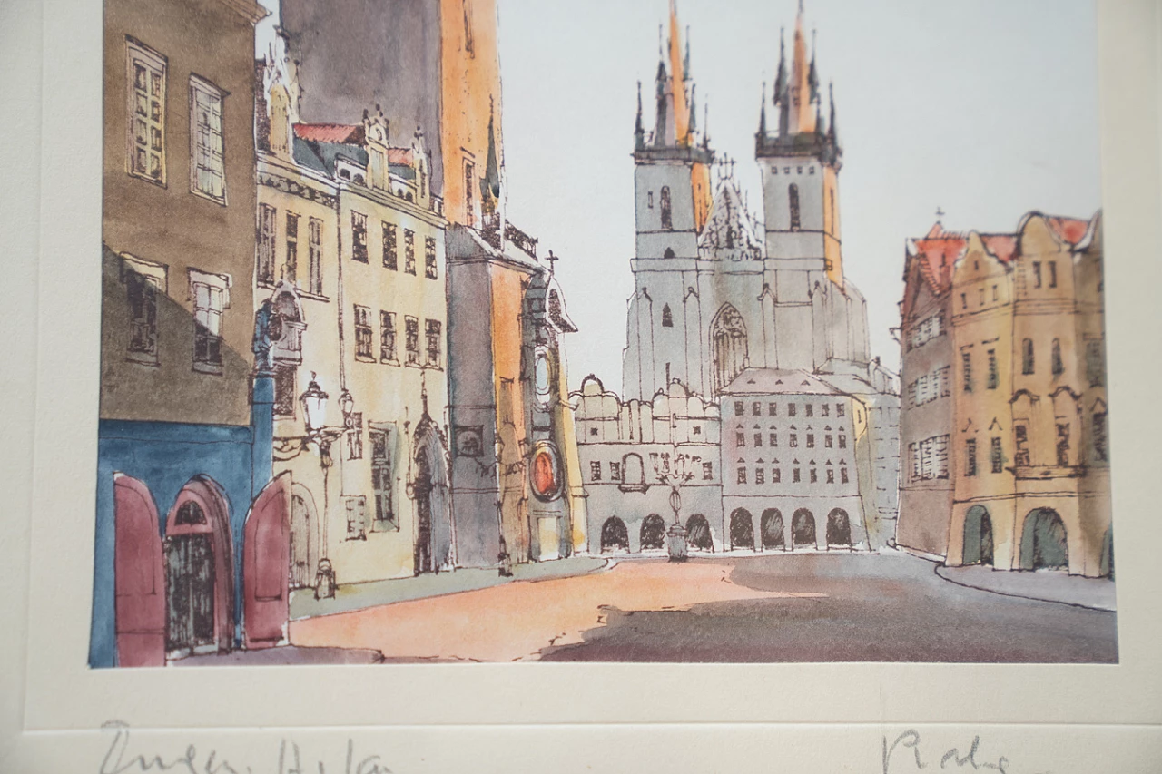 Praga Piazza della Città Vecchia, dipinto in foglia d'oro, anni '70 4
